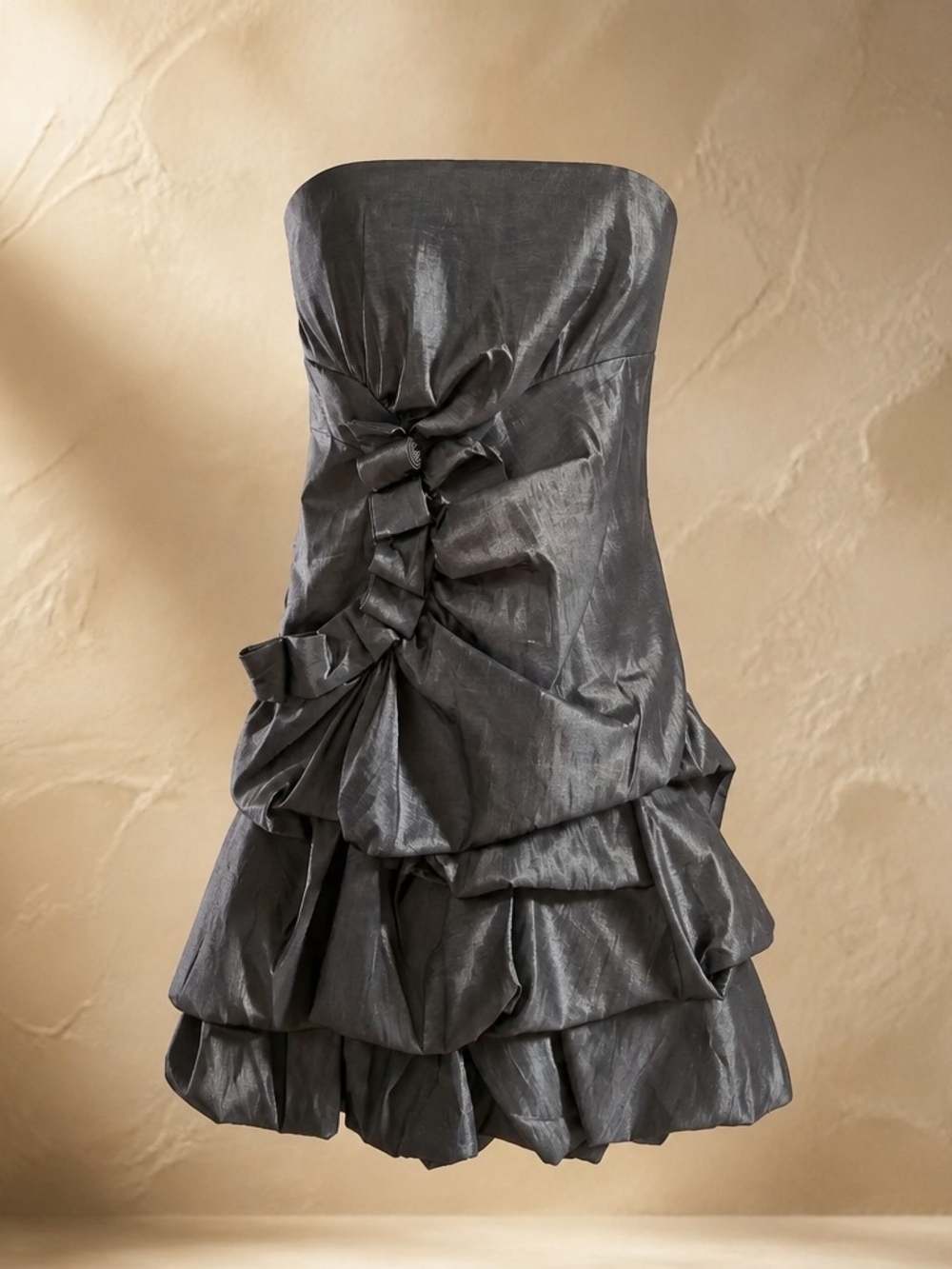 HOCO Vintage metallic gunmetal liquid silver ruched bubble hem cocktail Dress